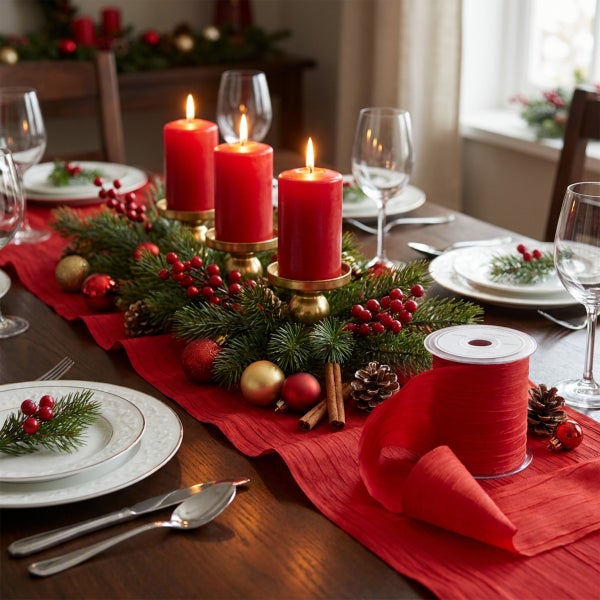 Festlich gedeckter Esstisch mit Adventsschmuck, Stumpenkerzen, Tannenzweigen und Dekorationsband.