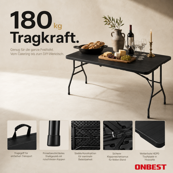 Schwarzer ONBEST Klapptisch mit 180 Kilogramm Tragkraft, Tischplatte in Holzoptik, Stahlgestell, Tragegriff und Klappmechanismus. ONBEST Logo.