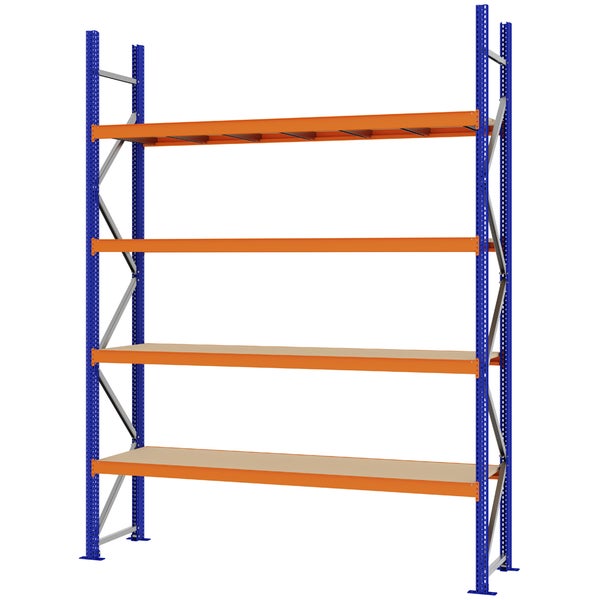 Schwerlastregal mit blauem Metallrahmen, vier orangefarbenen Traversen und Holzböden für Lager und Werkstatt.