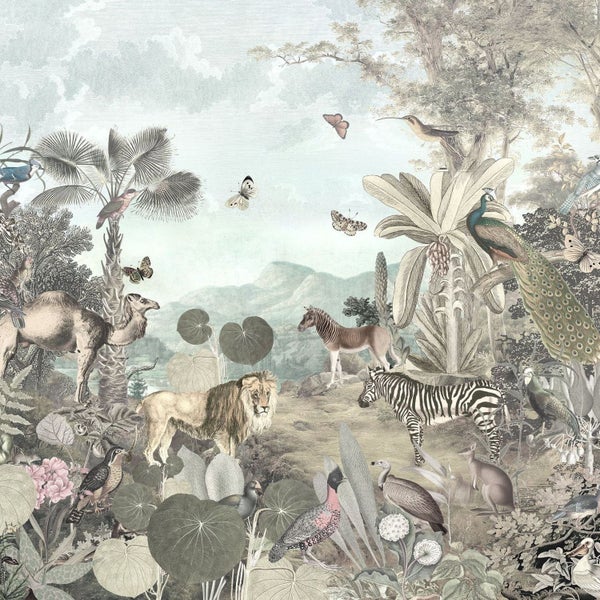 Tapete mit Waldlandschaft, Tieren und Pflanzen