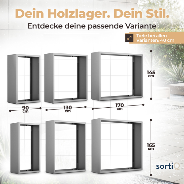 Brennholzlager sortiO aus Metall, Höhen 145 und 165 Zentimeter, Breiten 90, 130 und 170 Zentimeter, Tiefe 40 Zentimeter. sortiO Logo.