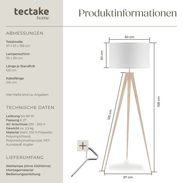Produktinformationen zur Stehlampe mit Lampenschirm und Holzfuß von tectake home