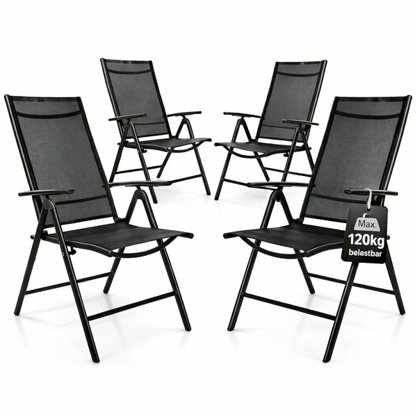 Vier Klappstühle für den Garten mit einer maximalen Belastbarkeit von 120 Kilogramm pro Stuhl.