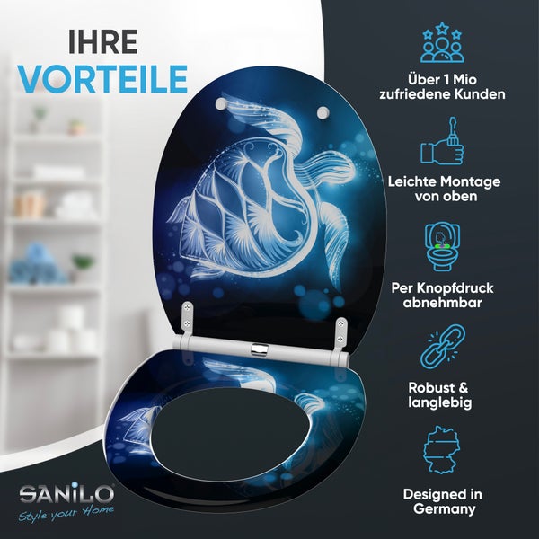 Sanilo WC-Sitz mit Schildkrötenmotiv und Vorteilsübersicht