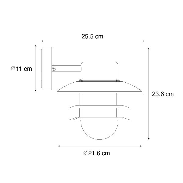 Technische Zeichnung Außenwandleuchte: Breite 25,5 Zentimeter, Höhe 23,6 Zentimeter, Durchmesser 21,6 Zentimeter, Wandhalterung 11 Zentimeter.