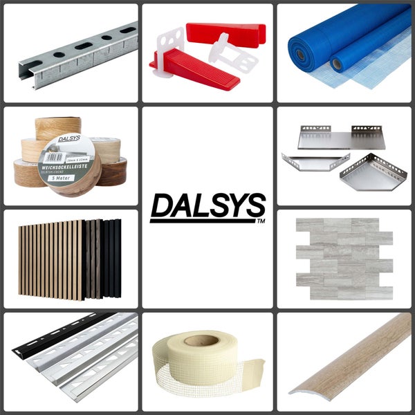 Dalsys Logo mit Montageschienen, Nivelliersystem, Armierungsgewebe, Sockelleisten, Akustikpaneelen, Wandablagen und Profilen.