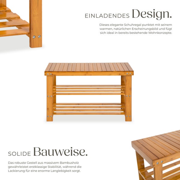 Frau sitzt auf einem Schuhregal aus Holz und zieht Stiefel an