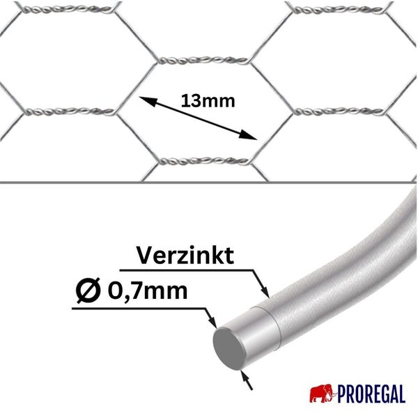 PROREGAL Maschendrahtzaun Sechseckgeflecht Keepy Höhe 0,5 Meter Länge 25 Meter Maschenweite 13 mm Drahtstärke 0,7 mm Verzinkt