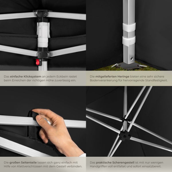 Detailansicht eines Faltpavillons mit Klicksystem, Heringen, Klettverschlüssen und Scherengestell