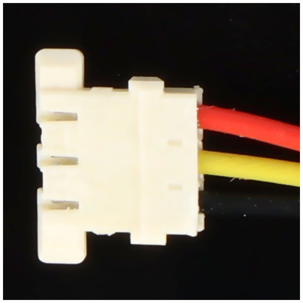 3-poliger Steckverbinder aus Kunststoff mit roten, gelben und schwarzen Anschlusskabeln für elektronische Bauteile.