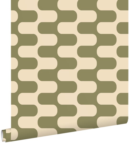 Vliestapete mit geometrischem Retro-Muster in Olivgrün und Beige, ineinandergreifende abgerundete Formen.