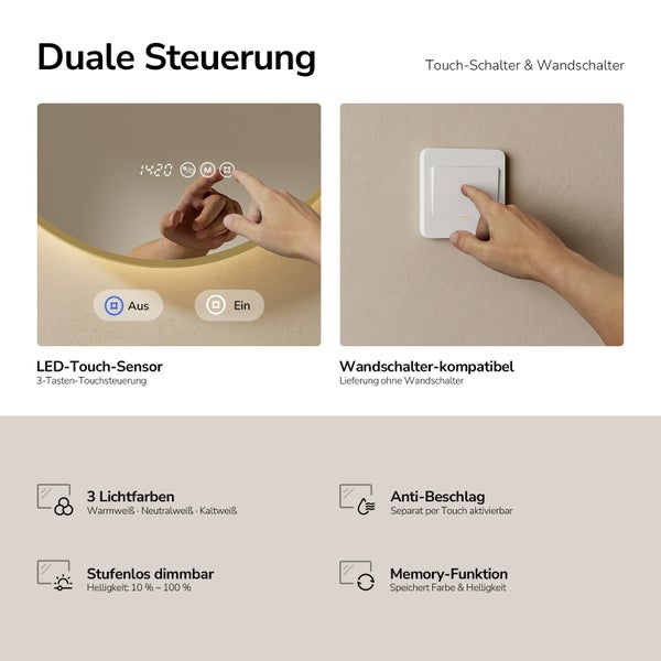 Spiegel mit LED Beleuchtung Touch Sensor Steuerung und Wandschalter Kompatibilität sowie Memory Funktion Anti Beschlag und drei Lichtfarben.