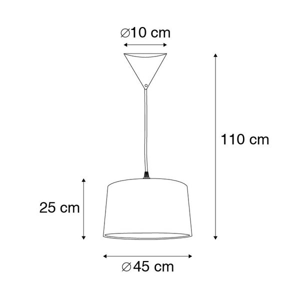 Technische Zeichnung einer Pendelleuchte mit den Maßen: Durchmesser Lampenschirm 45 cm, Durchmesser Aufhängung 10 cm, Höhe Lampenschirm 25 cm, Gesamthöhe 110 cm