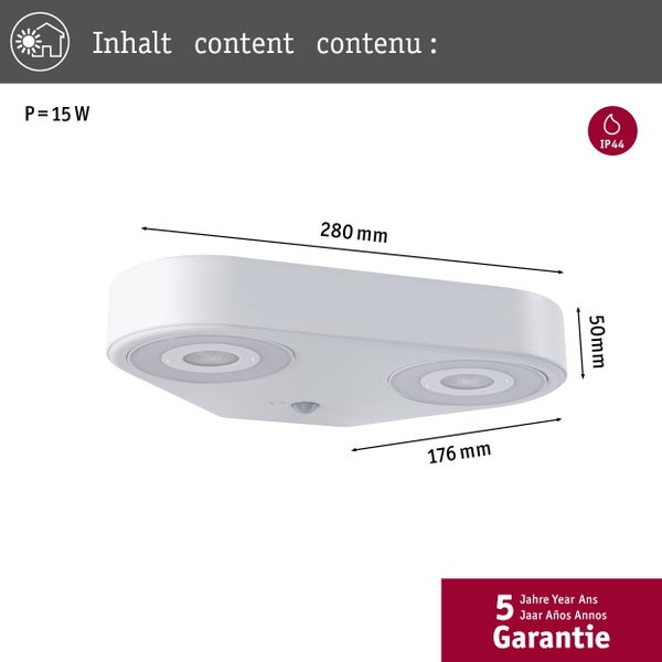 LED-Außenleuchte mit Bewegungsmelder, 15 Watt, Abmessungen 280 mal 176 mal 50 Millimeter, Schutzart IP44, 5 Jahre Garantie.