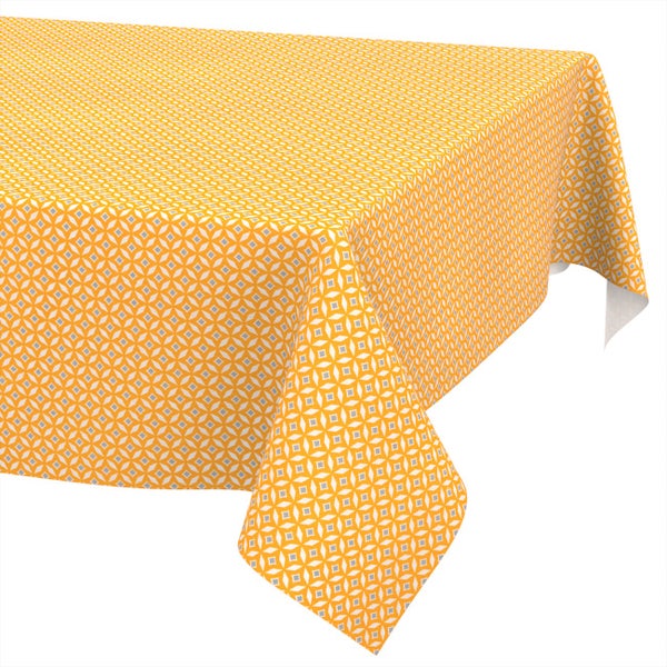 Rechteckige orangefarbene Tischdecke mit geometrischem Kreismuster.