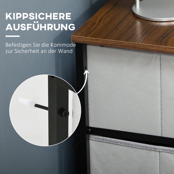 HOMCOM Kommode Sideboard mit 6 klappbaren Stoffschubladen, Schubladenschrank mit Arbeitsplatte, Griff, Mehrzweckschrank mit Kippschutz, für Wohnzimmer Schlafzimmer, Grau