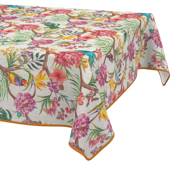 Tischdecke mit buntem tropischem Blumenmuster, Vögeln und orangefarbenem Rand.