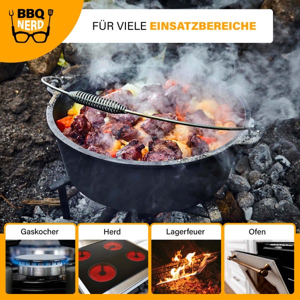 BBQ-Nerd Dutch Oven Starter 5,5L mit Ständer| bereits eingebrannt - preseasoned | Gusseisen Feuertopf, Bräter mit Deckel inkl. Deckelheber | Feuerfester Grill & Camping Kochtopf, Grilltopf