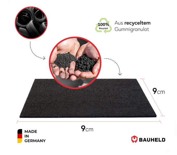 Quadratische Gummigranulatplatte, hergestellt aus recycelten Reifen, neun mal neun Zentimeter groß