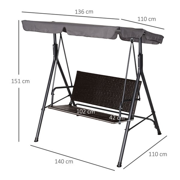 Outsunny Hollywoodschaukel, 2-Sitzer, Verstellbar, Sonnendach, Stahlrahmen,  140 x 110 x 151 cm, Rattan, Schwarz+Braun+Grau
