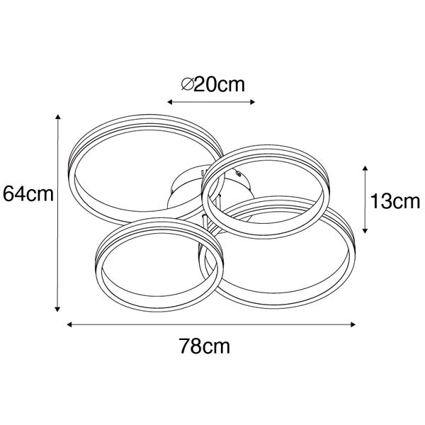 Maßskizze einer Deckenleuchte mit vier Ringen: Breite 78 Zentimeter, Tiefe 64 Zentimeter, Höhe 13 Zentimeter, Sockeldurchmesser 20 Zentimeter.