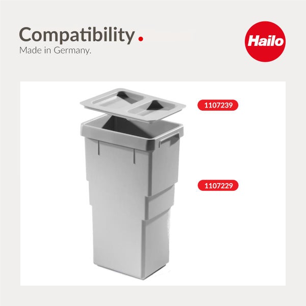 Hailo Logo. Grauer Kunststoff-Abfalleimer mit Deckel. Kompatibilität Hergestellt in Deutschland. Artikelnummern 1107239 und 1107229.