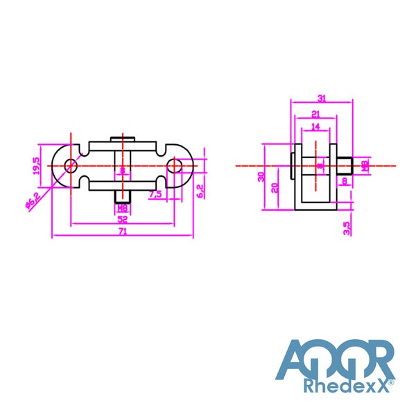 Technische Zeichnung mit Maßangaben für einen Metallbeschlag in der Draufsicht und Seitenansicht, inklusive M8 Gewinde. AQQOR Rhedexx Logo.