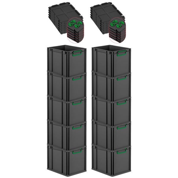 PROREGAL SparSet 10x Eurobox NextGen Color mit Auflagedeckel und Schiebeschnappverschlüsse, HxBxT 32x30x40cm, 30 Liter, Schwarz, Griffe grün geschlossen, Eurobehälter, Transportbox, Transportbehälter, Stapelbehälter