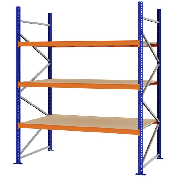 Schwerlastregal mit blauem Metallrahmen, orangefarbenen Traversen und drei Holzböden.