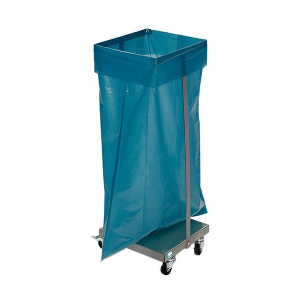 Fahrbarer Müllsackständer aus Metall mit blauem Kunststoffsack und Rollen.
