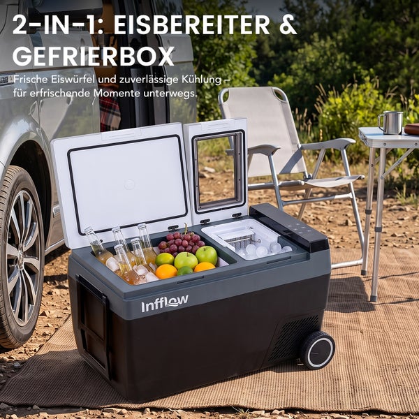 Infflow 2 in 1 Eisbereiter und mobile Kühlbox mit Rollen, befüllt mit Getränken und Obst, ideal für Camping und unterwegs.