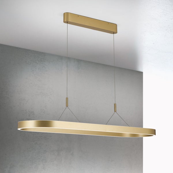 Moderne ovale LED Pendelleuchte in Metalloptik für die Deckenmontage mit schmalem Leuchtkörper und verstellbarer Seilaufhängung.