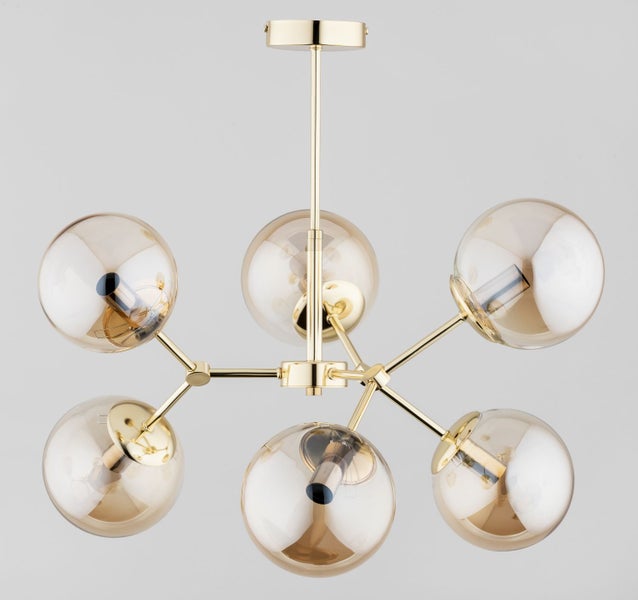 Moderne Deckenleuchte mit fünf gläsernen Kugelschirmen und metallischem Gestell für eine elegante Raumbeleuchtung.