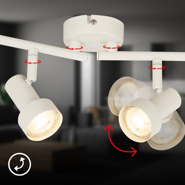 Weiße Deckenleuchte mit schwenkbaren und drehbaren Strahlern an einer Schiene.