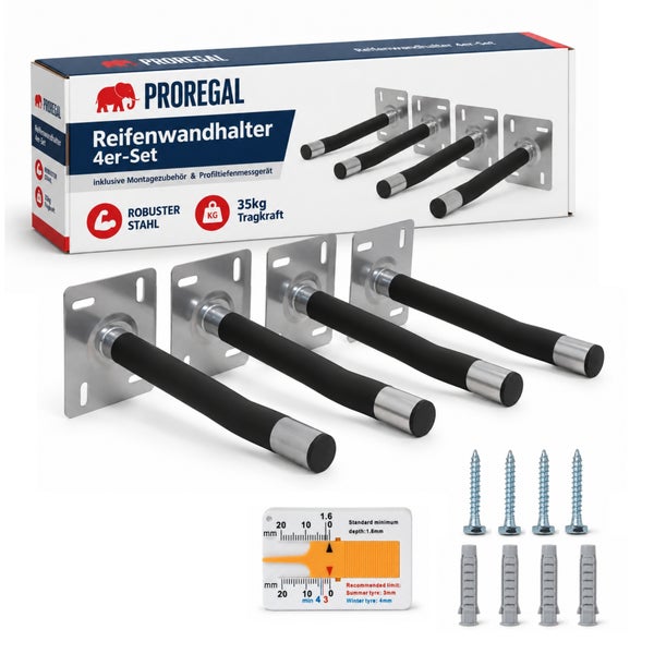 Proregal Reifenwandhalter 4er Set aus Stahl inklusive Befestigungsmaterial und Profiltiefenmesser