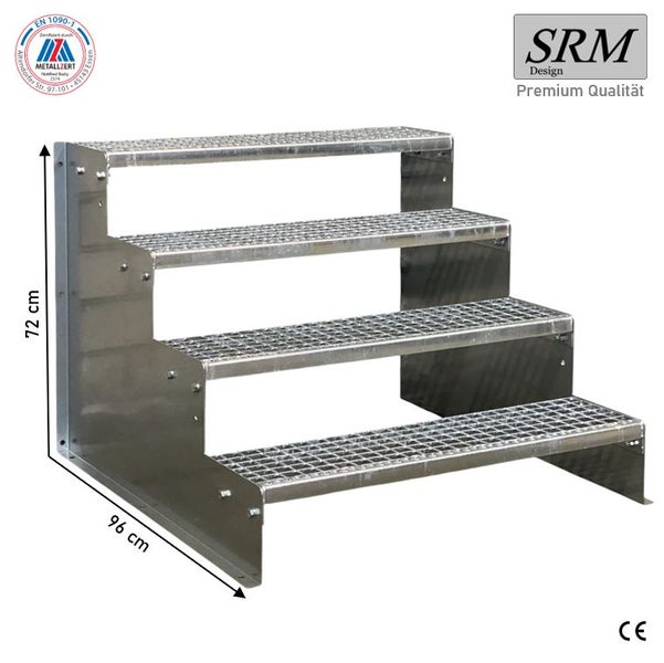 Stahltreppe mit 4 Gitterroststufen, Höhe 72 Zentimeter, Tiefe 96 Zentimeter, SRM Design Logo, zertifiziert nach EN 1090-1 und CE.