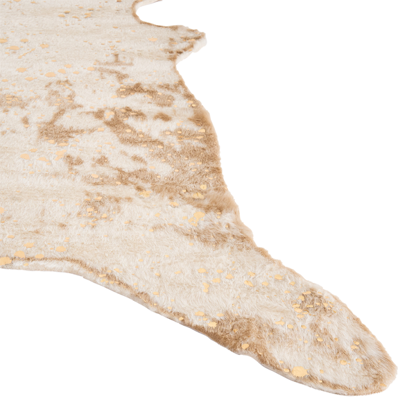 Teppich in Kuhfell Optik mit metallicfarbenem Muster aus Textil