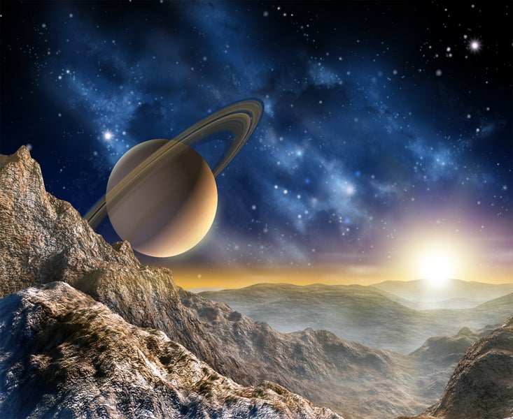 Darstellung einer fiktiven Planetenlandschaft mit Saturn im Hintergrund.