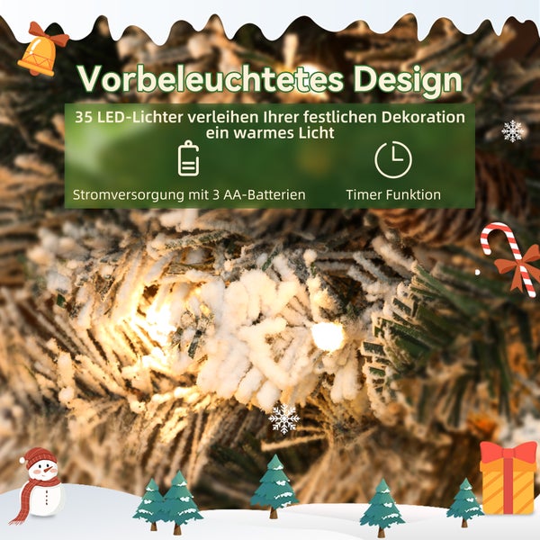 Vorbeleuchtete Weihnachtsdekoration auf beschneiten Zweigen mit 35 warmweißen LED-Lichtern, Batteriebetrieb für 3 AA-Batterien und Timer-Funktion.