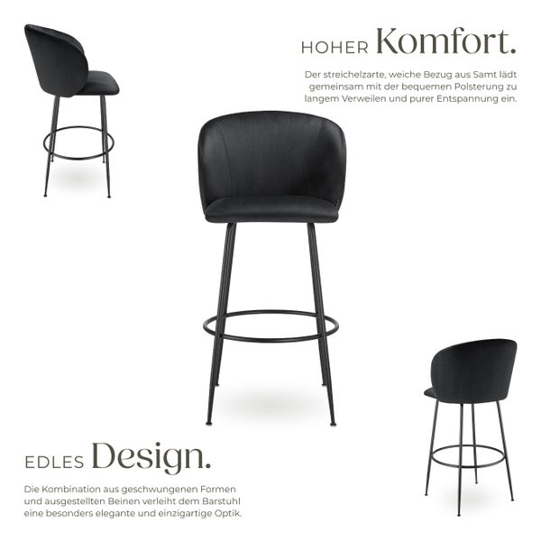 Barstuhl tectake Luana 51 x 60 x 106 cm, Belastbarkeit 120 kg in Samtoptik, gepolstert schwarz/schwarz