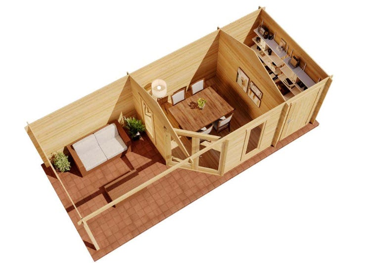 Alpholz 5-Eck Gartenhaus Liwa mit Anbau aus Holz in Imprägnierung Pinie mit 40mm Wandstärke und Überdachter Terasse