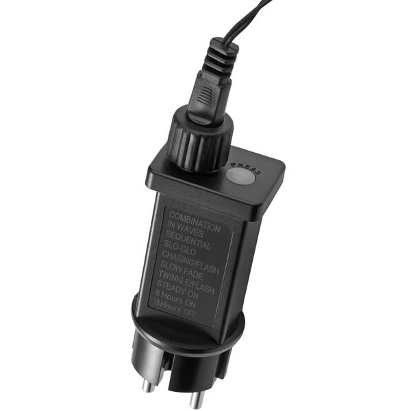 Transformator für Lichterkette mit integrierter Steuerungseinheit für verschiedene Leuchtmodi und Zeitschaltuhr.
