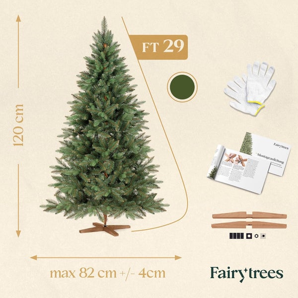 Künstlicher Weihnachtsbaum Fairy Trees FT 29, 120 cm hoch mit Holzständer, Handschuhen und Montageanleitung