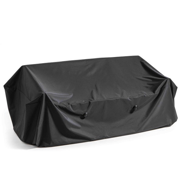 Schwarze Schutzhülle für Gartenmöbel, geeignet für eine Gartenbank oder ein kleines Sofa.