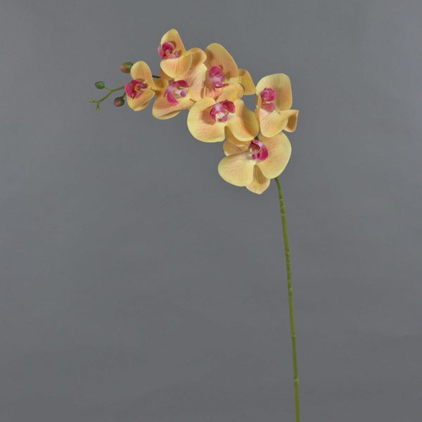 Künstlicher Orchideenzweig mit gelben Blüten und pinkfarbener Mitte, Phalaenopsis Kunstblume.