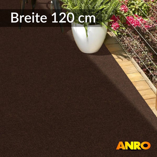 Dunkelbrauner Balkonteppich auf einer Terrasse, Breite 120 Zentimeter, ANRO Logo.