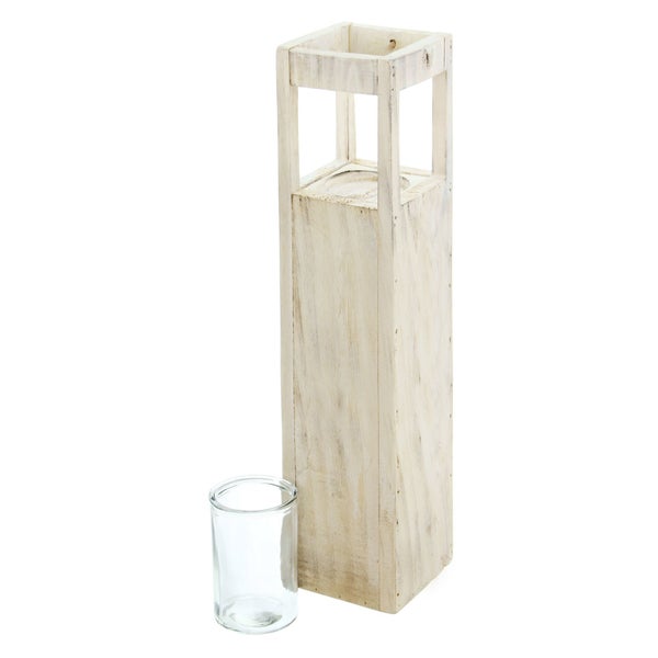 FRANK FLECHTWAREN | Windlichtsäule Shabby-Charme, groß, HOLZ, 15 x 15 x 70 cm, Glas Ø 10 x 15 cm, ohne Kerze