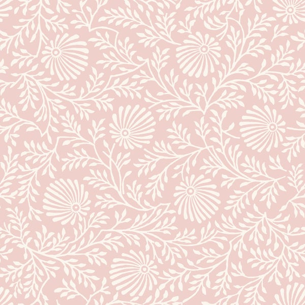 Tapete mit Blumenmuster aus Blüten und beblätterten Zweigen.