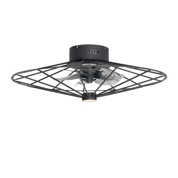 Schwarzer Deckenventilator im Industriedesign mit Metallkäfig und Licht.