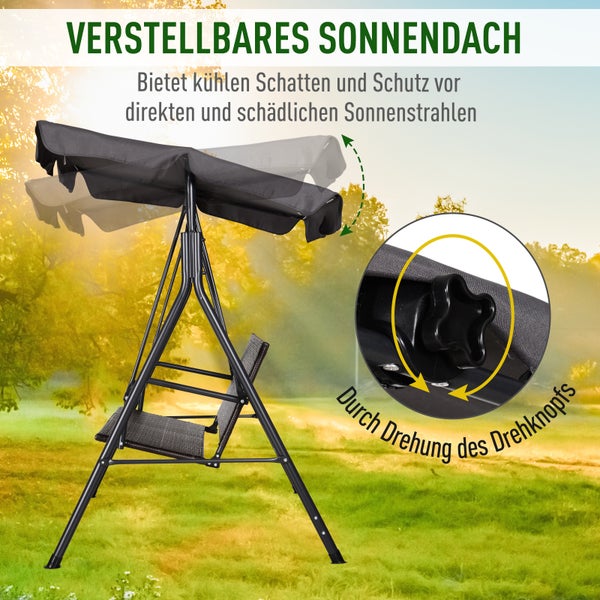 Outsunny Hollywoodschaukel, 2-Sitzer, Verstellbar, Sonnendach, Stahlrahmen,  140 x 110 x 151 cm, Rattan, Schwarz+Braun+Grau